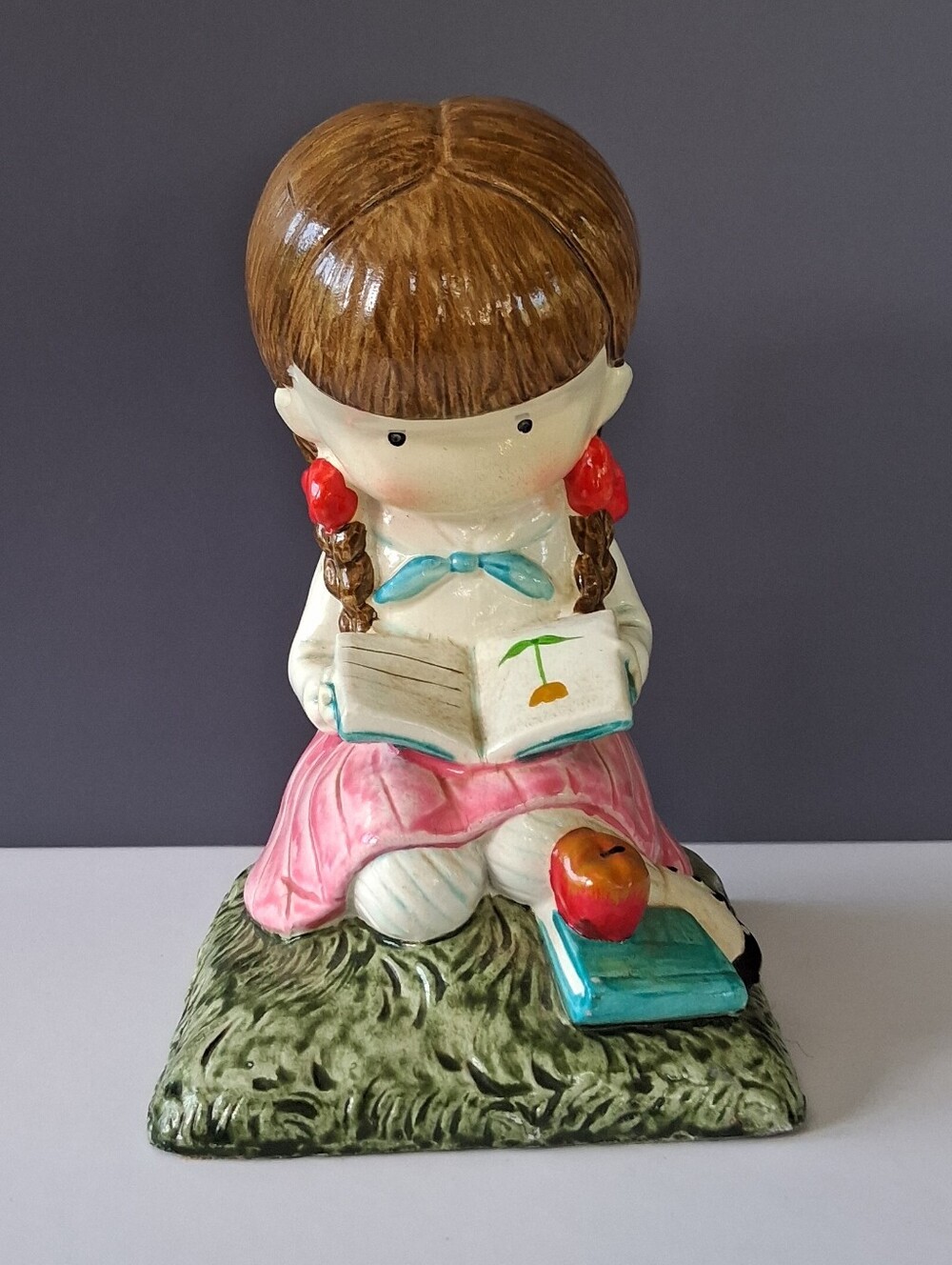 1972 Hand-Painted Ceramic Girl Reading Figurine in Pink and Brown